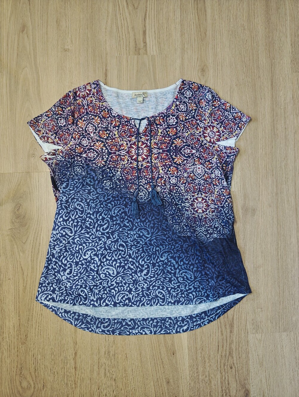ONE WORLD Two-Tone Boho Short Sleeve Top in Navy and Red